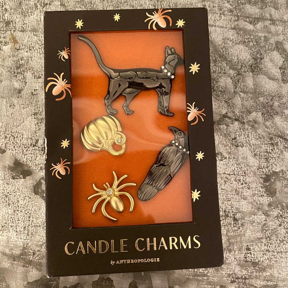 Anthropologie Golden & Black Cat Raven Pumpkin Halloween Candle Charms NWT